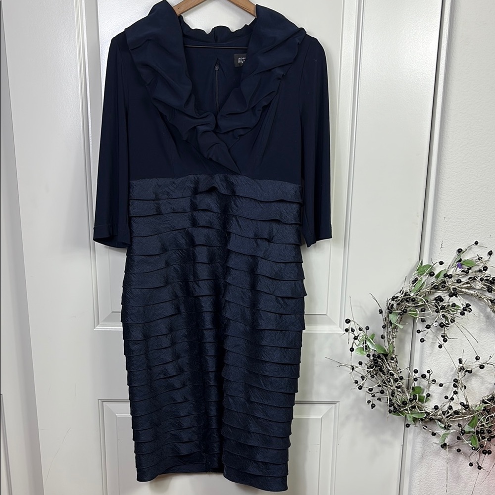 ADRIANNA PAPELL Navy Tiered 3/4 Sleeve Ruffle Neck Dress size 12